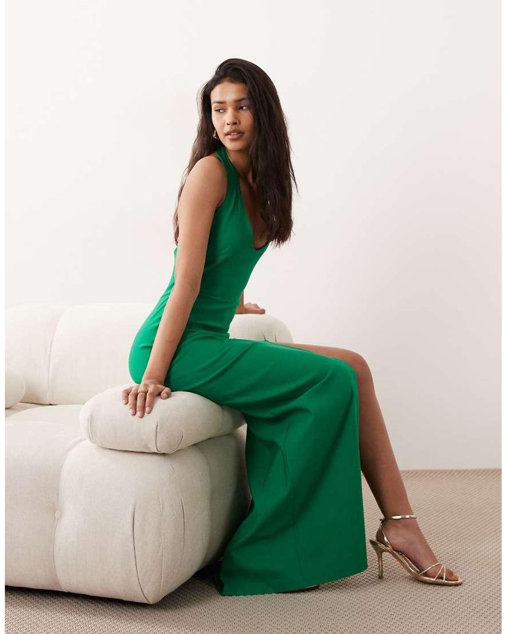 Vesper Green Bengaline V Neck Halterneck Thigh Split Maxi Dress