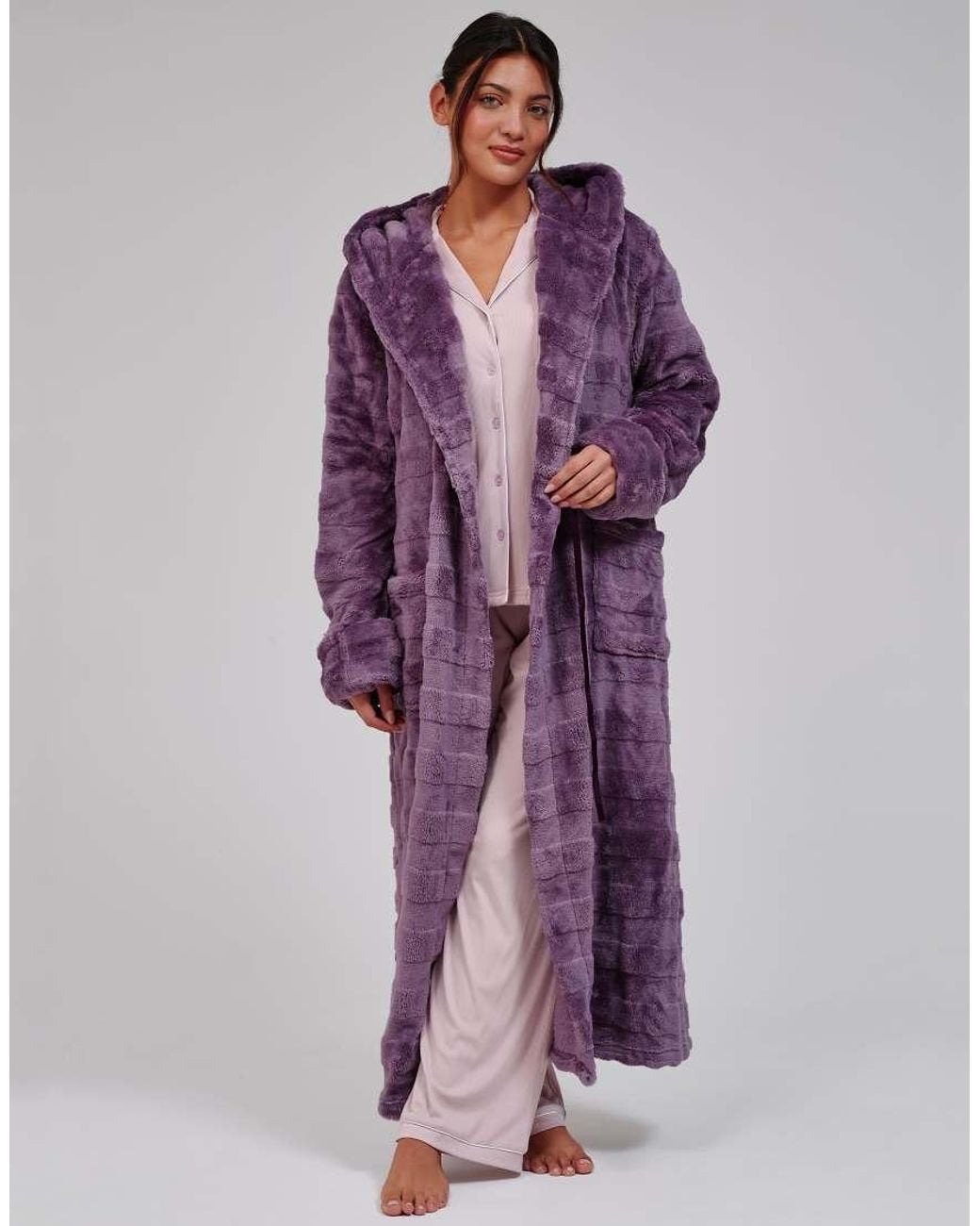 Loungeable Purple Embossed Stripe Luxury Fleece Maxi Hooded Dressing Gown