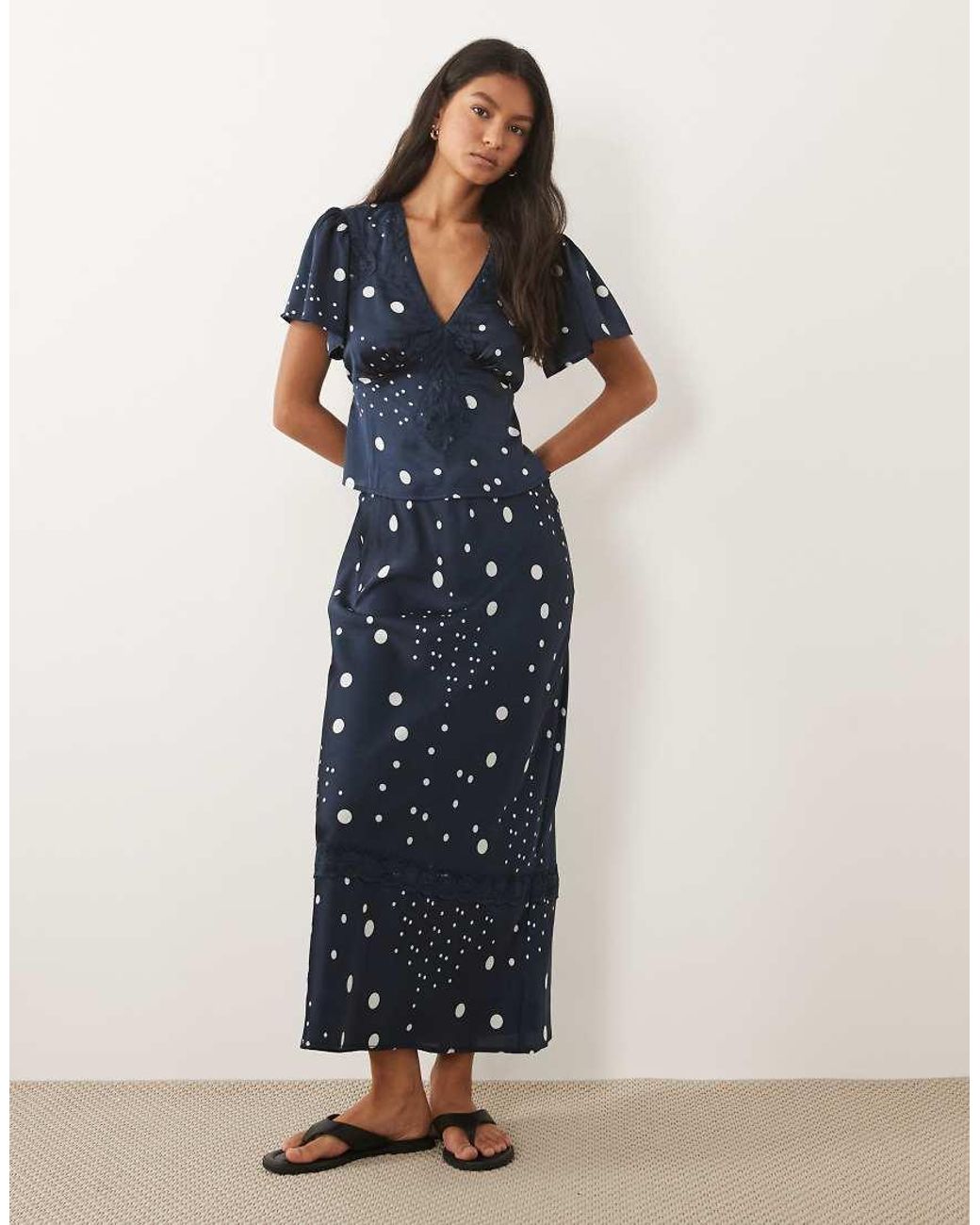 Wednesday's Girl Blue Short Sleeve Satin Top With Lace Trim