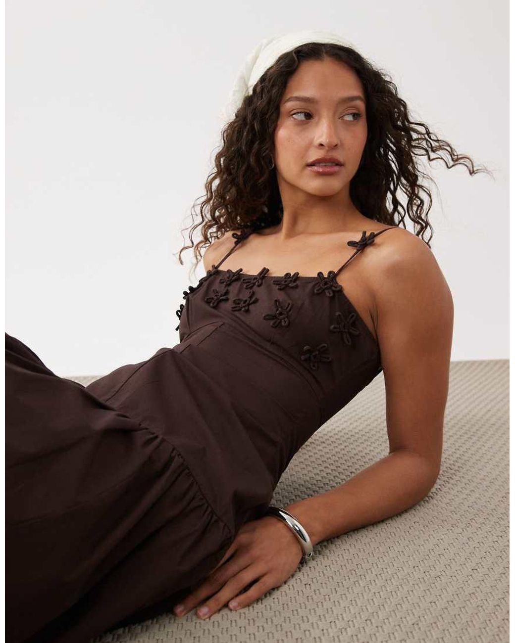 ASOS Brown Dropped Waist Maxi Dress With Floral Cornelli