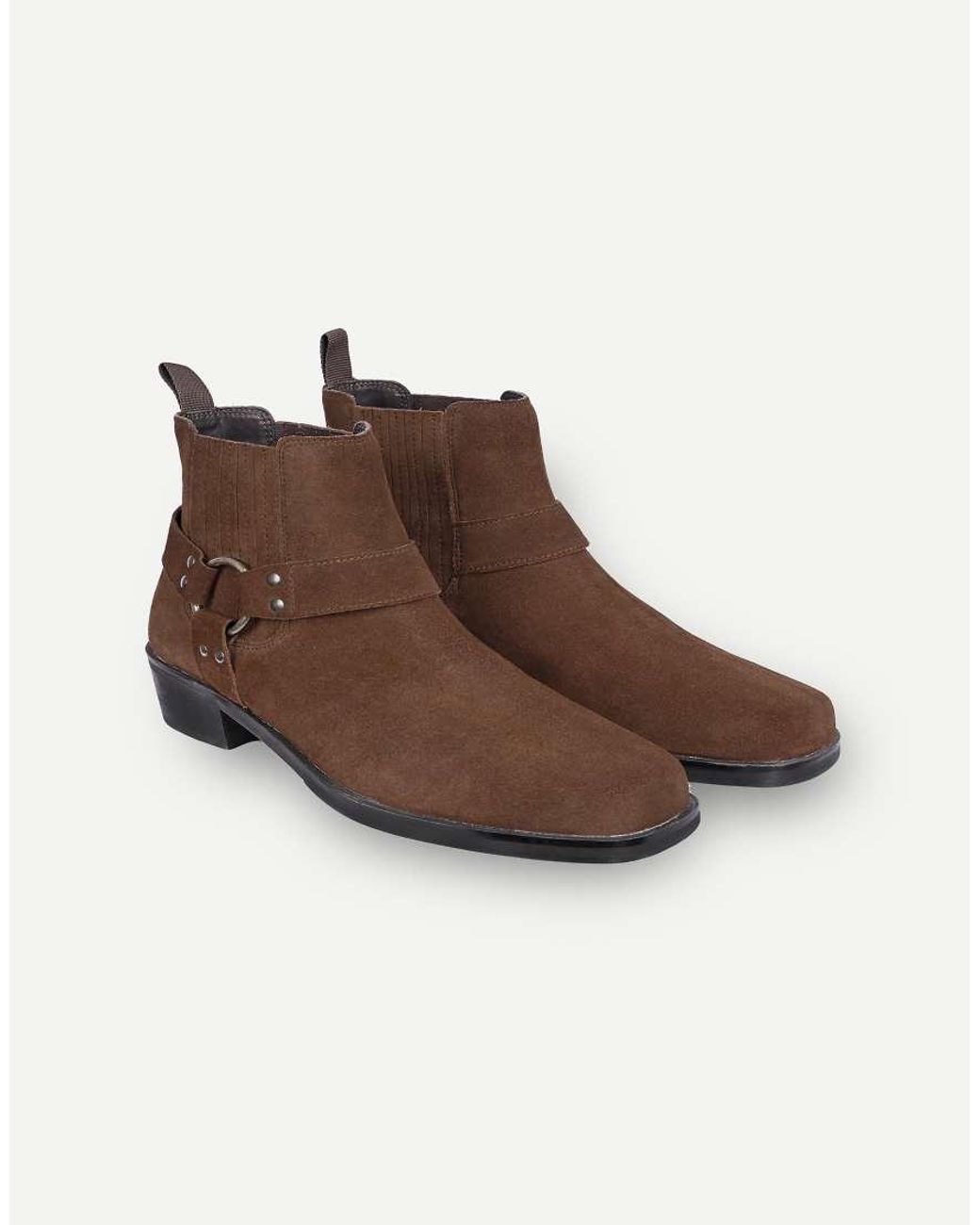 OFF THE HOOK Brown Freeman Suede Western Harness Ankle Boots for men