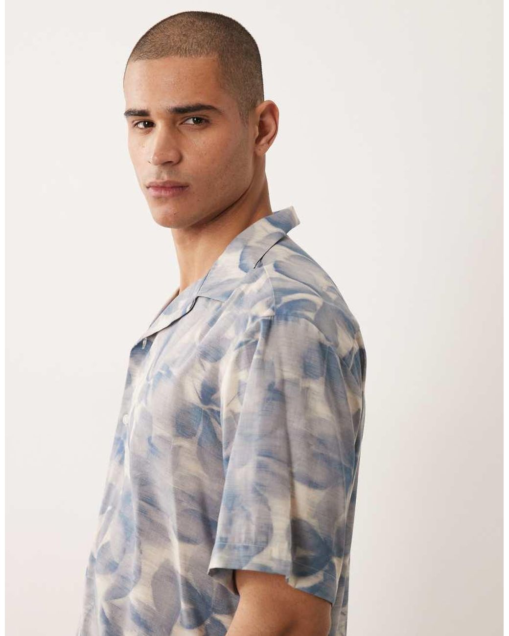 SELECTED Gray Short Sleeve Shirt With Leave Print for men