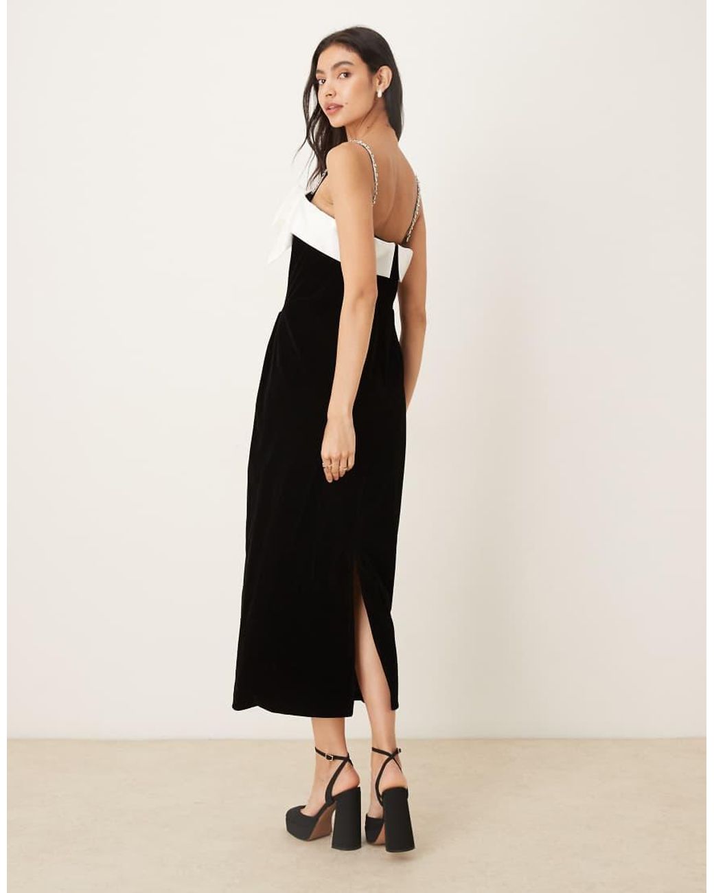 Sister Jane Black Kelly Velvet Contrast Bow Detachable Embellished Strap Midi Dress