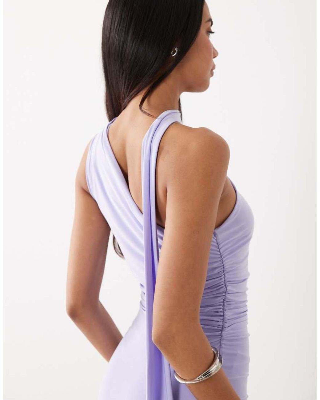 Kaiia Purple Exclusive Double Layered Slinky One Shoulder Scarf Detail Ruffle High-low Mini Dress