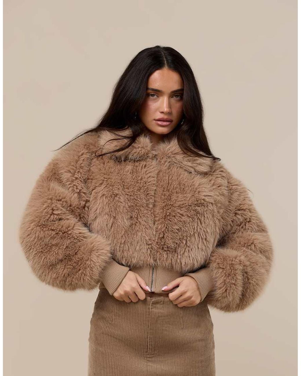 Wanderdoll Brown Tatiana Faux Fur Oversized Collar Zip Through Fitted Waist Jacket