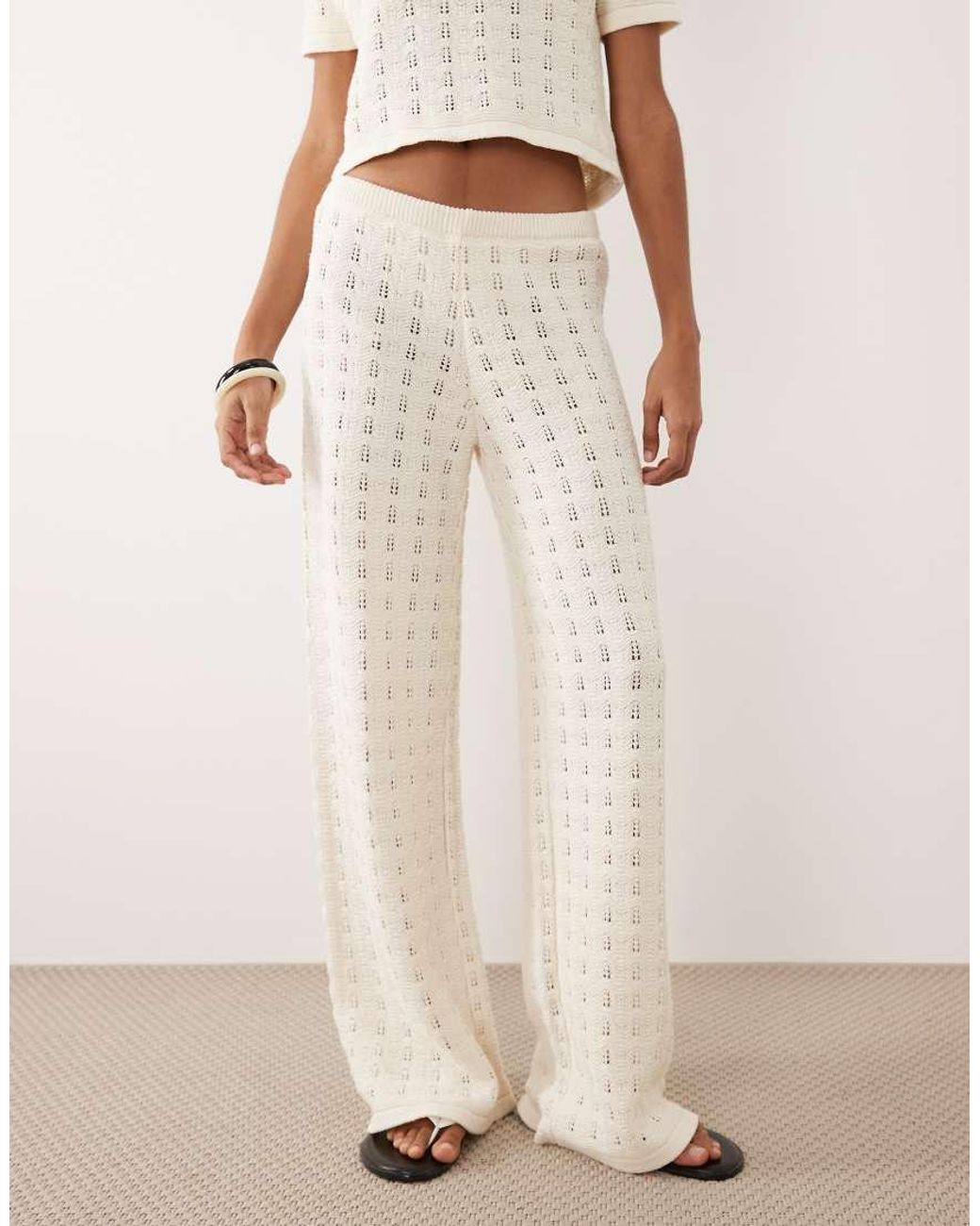 ASOS Natural Knitted Cotton Blend Wide Leg Trouser Co-ord