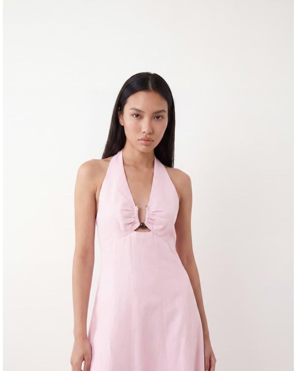 Forever New Pink Linen Mix Halter Neck Midi Dress With Hardware Detail