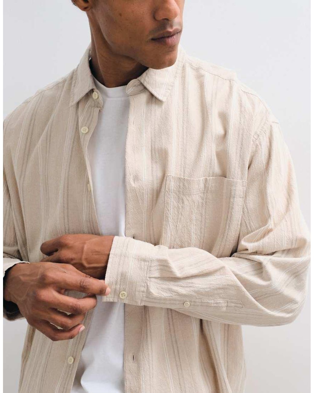 ASOS Natural Oversized Linen Look Stripe Shirt for men