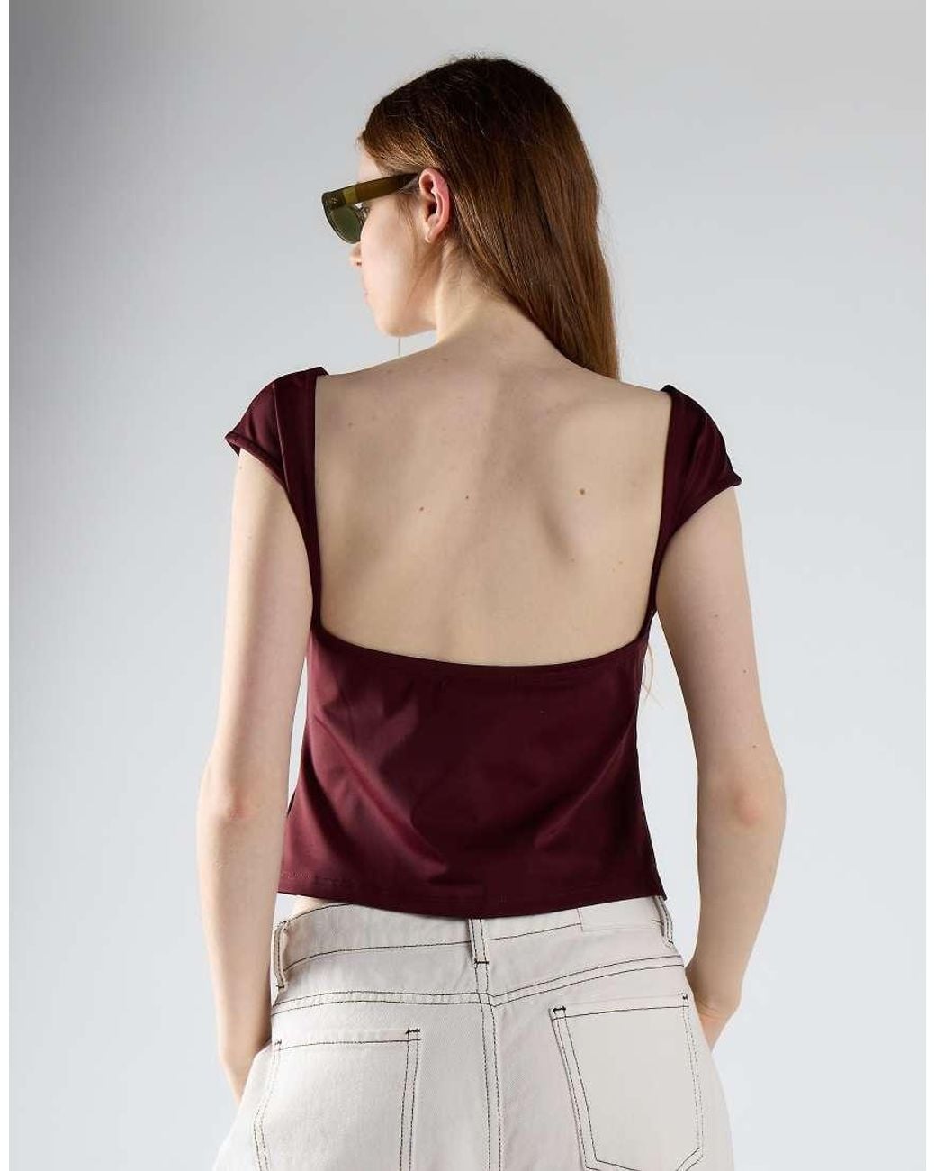 Glamorous White Open Square Back Cap-Sleeve Top