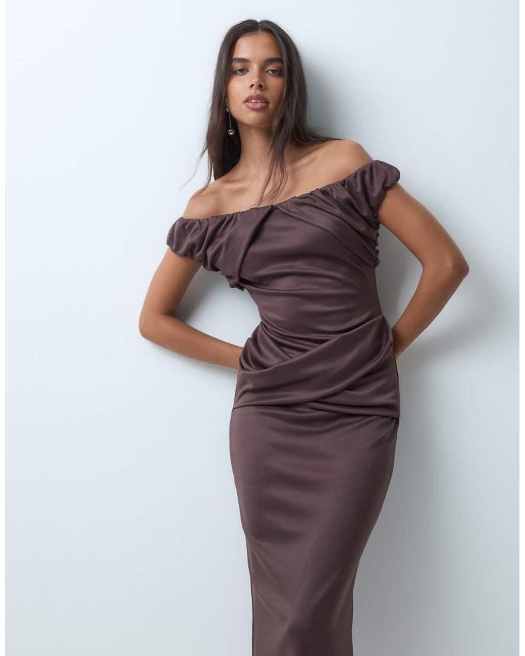 ASOS Purple Structured Midi Dress With Ruched Off Shoulder Detail