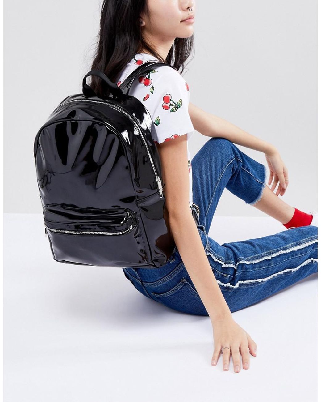 Monki Denim Patent Backpack in Black 