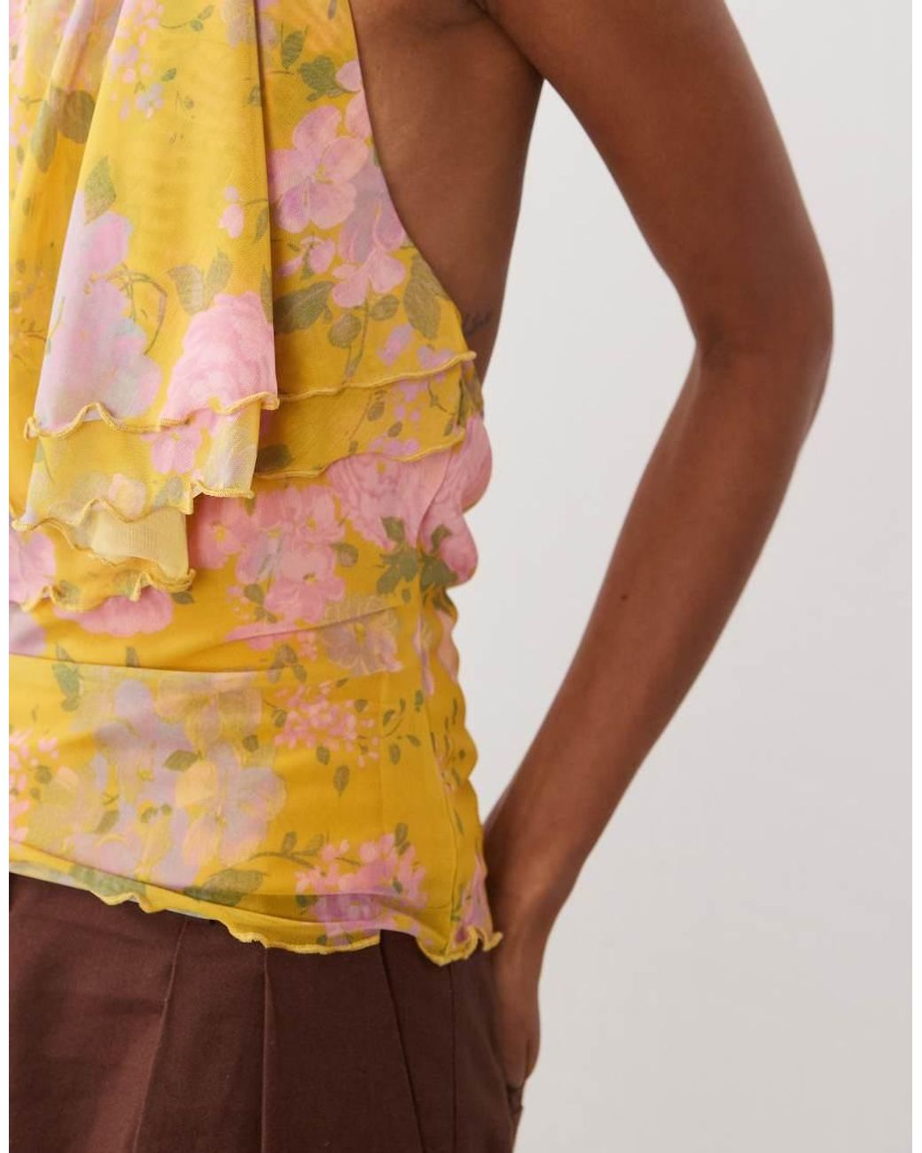 ASOS Brown Printed Mesh Ruffled Halter Neck Cami Top