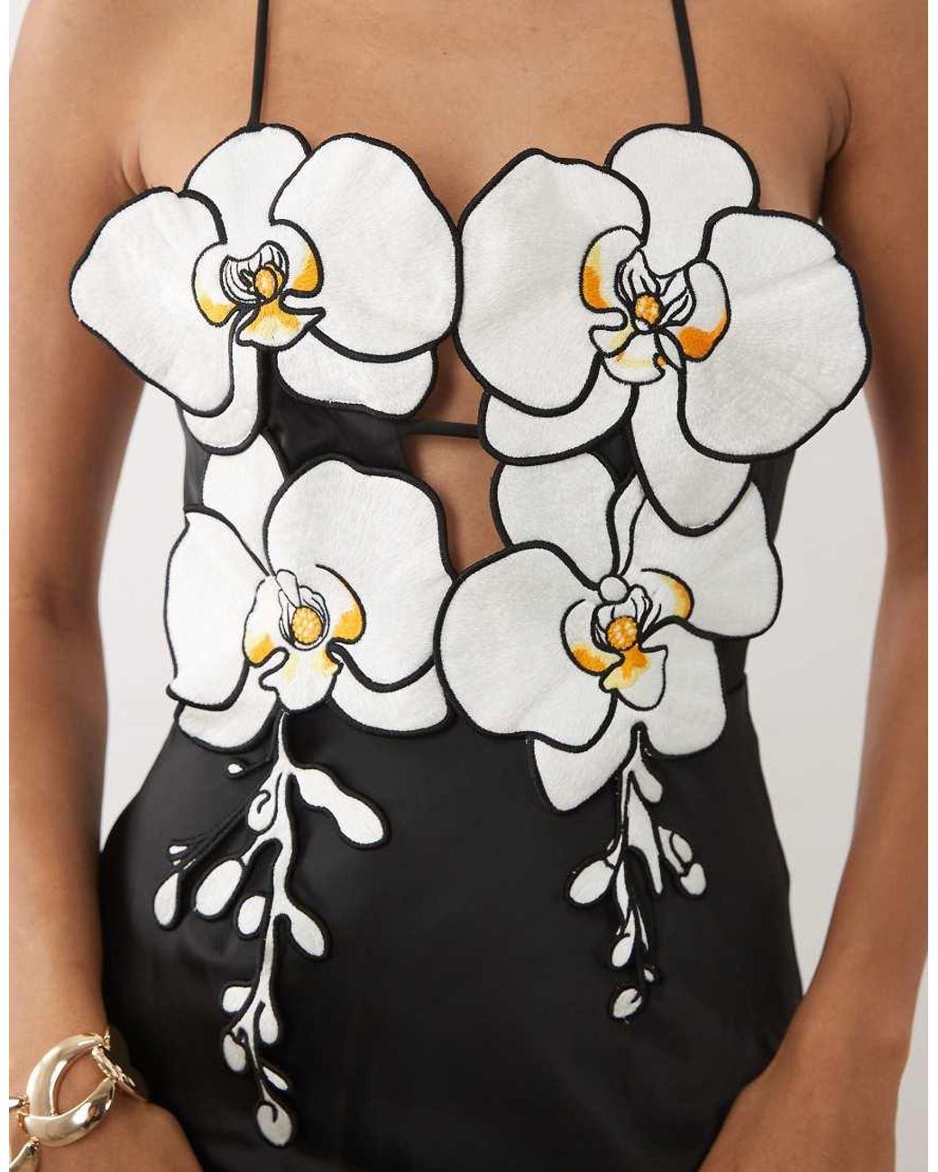JW PEI White 3D Orchid Embroidered Halter Neck Maxi Dress