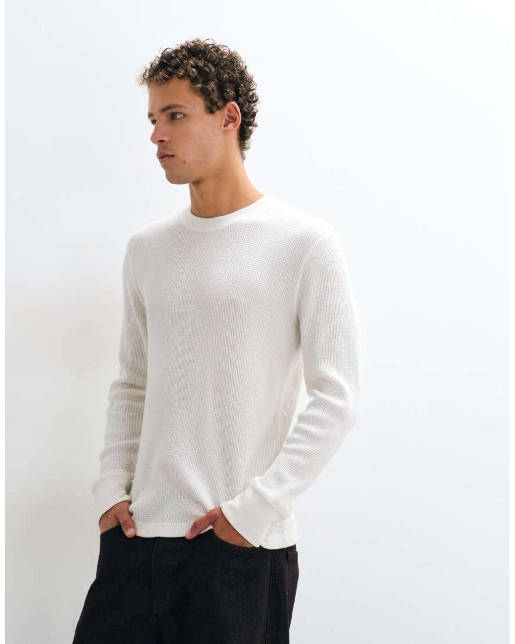 Hollister White Waffle Long Sleeve Crew Neck Top for men
