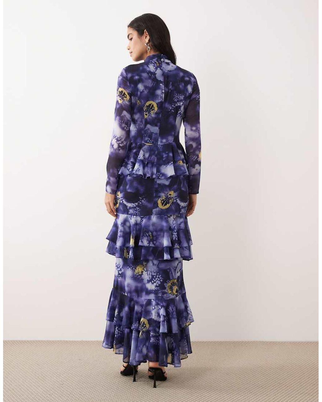 DASKA Blue Chiffon High Neck Keyhole Tiered Frill Maxi Dress