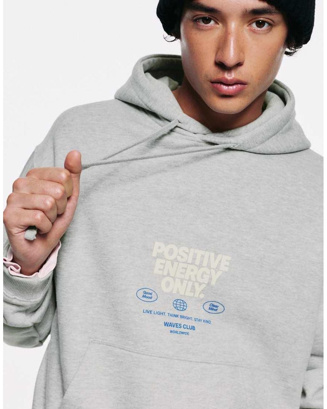 Pull&Bear Gray Relaxed Hooded Graphic Sweatshirt for men