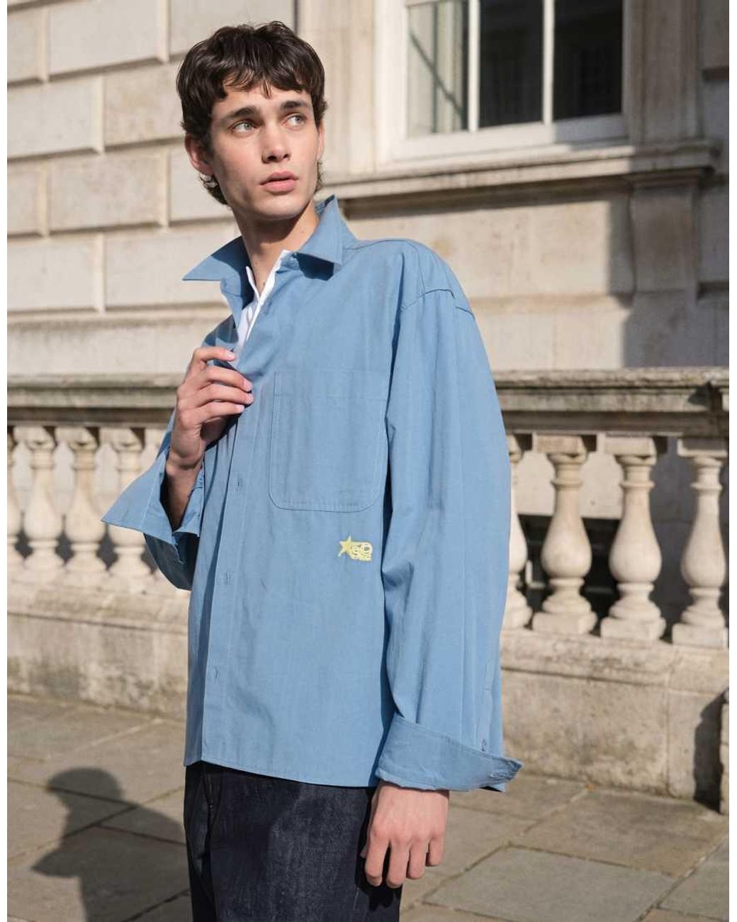 ASOS Blue Oversized Poplin Shirt With Chest Embroidery for men