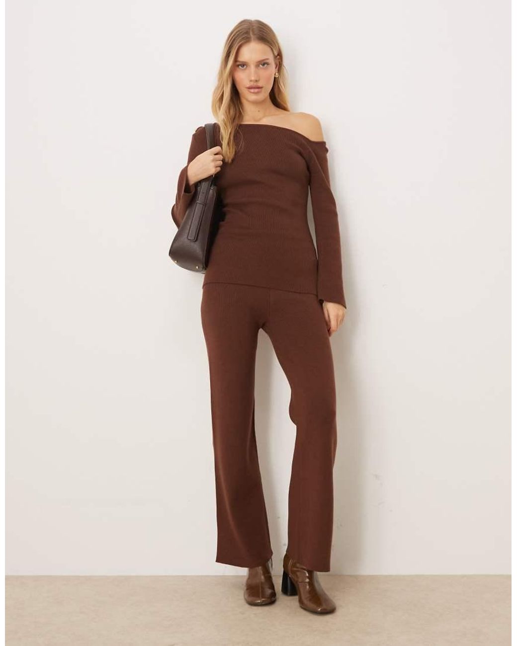 Pretty Lavish Brown Slash Neck Longline Knitted Top Co-Ord