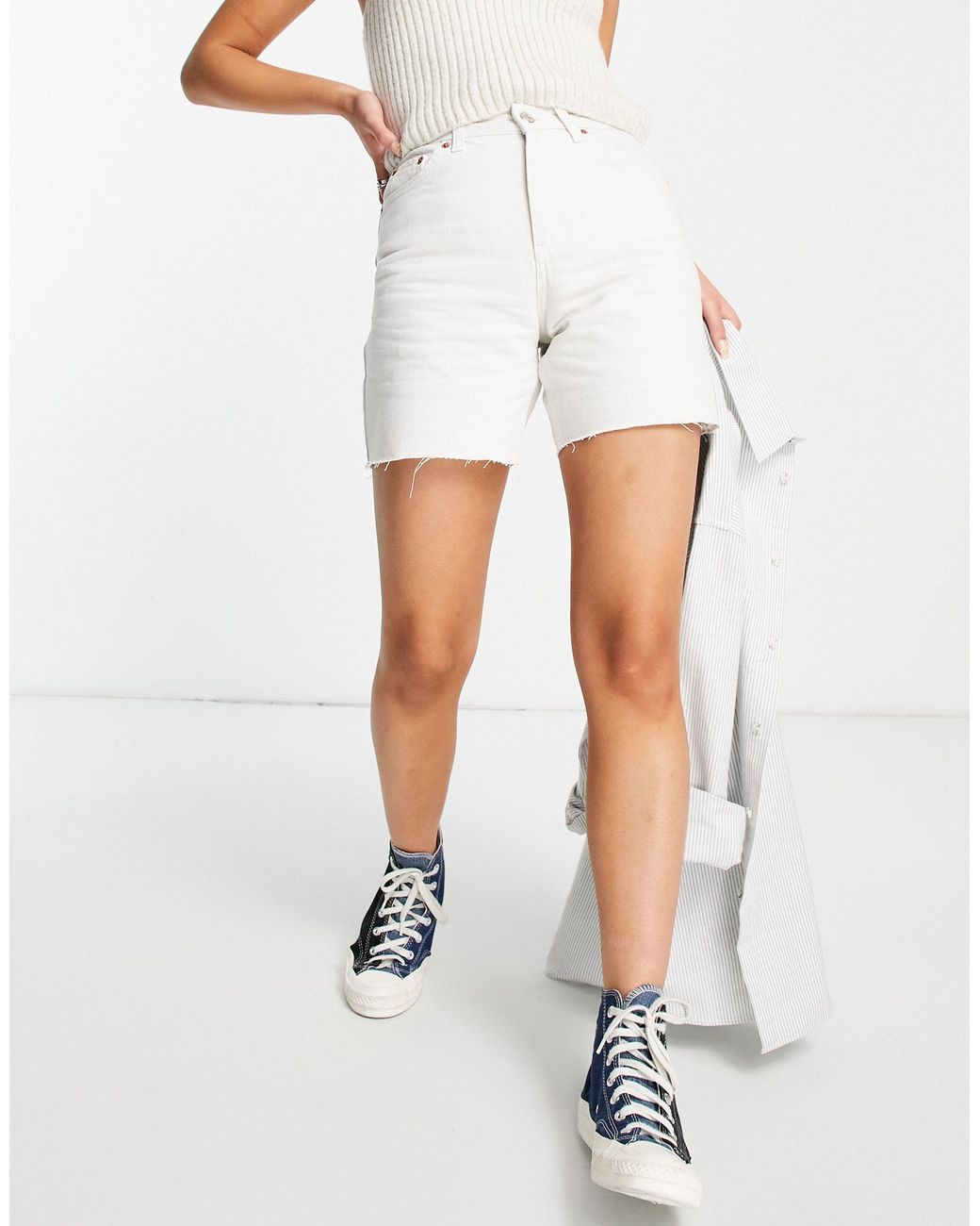 TOPSHOP Straight Leg Denim Shorts in White | Lyst