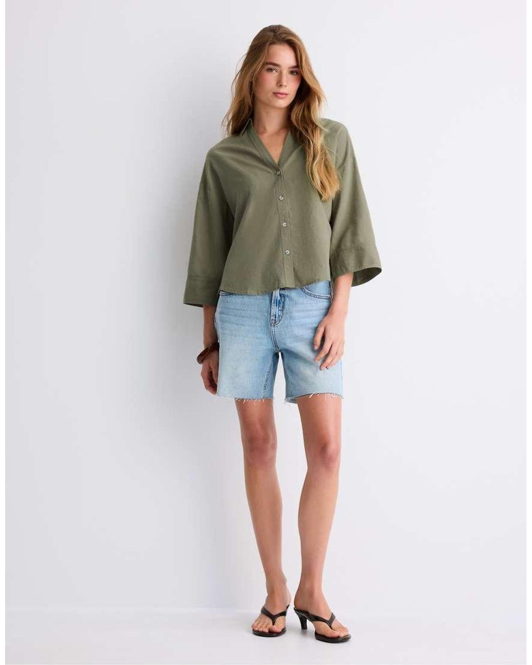 Stradivarius Brown Linen-effect Kimono Sleeve Shirt
