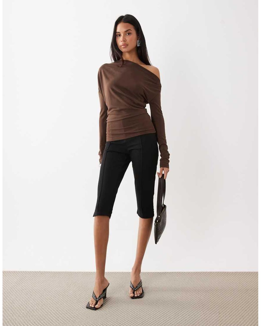 ASOS Brown Drape Off Shoulder Top With Cinch Waist