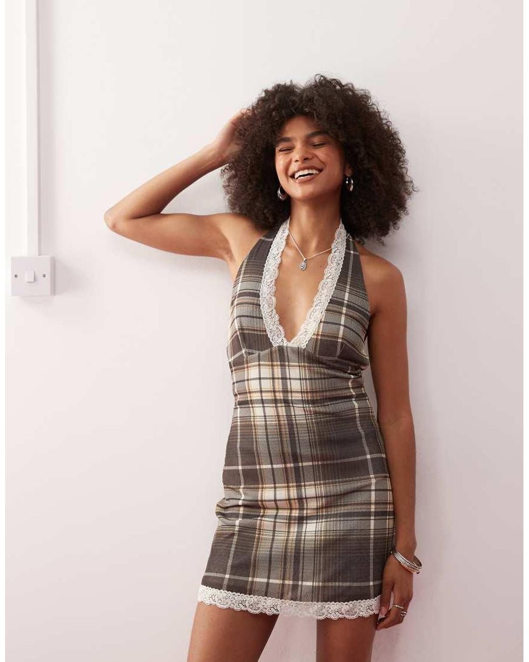Collusion Check And Lace Mini Dress in Brown | Lyst UK