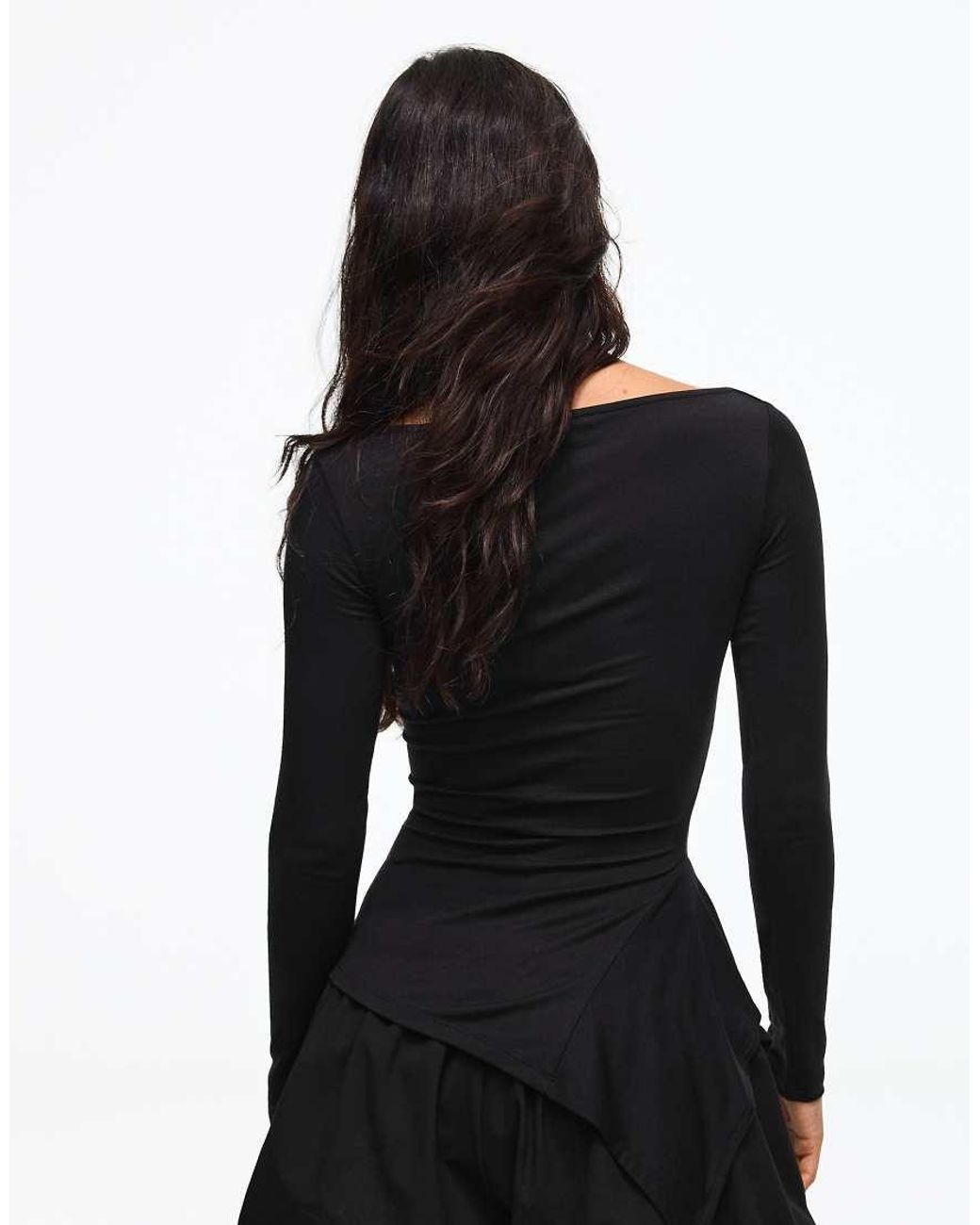 Bershka Black Long Sleeve Asymmetric Gathered T-shirt