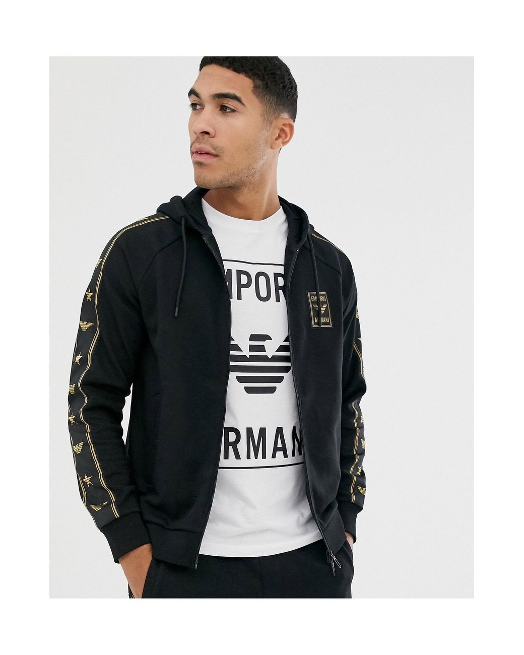 Emporio Armani Gold Logo Taped Zip Thru Hoodie in Black for Men
