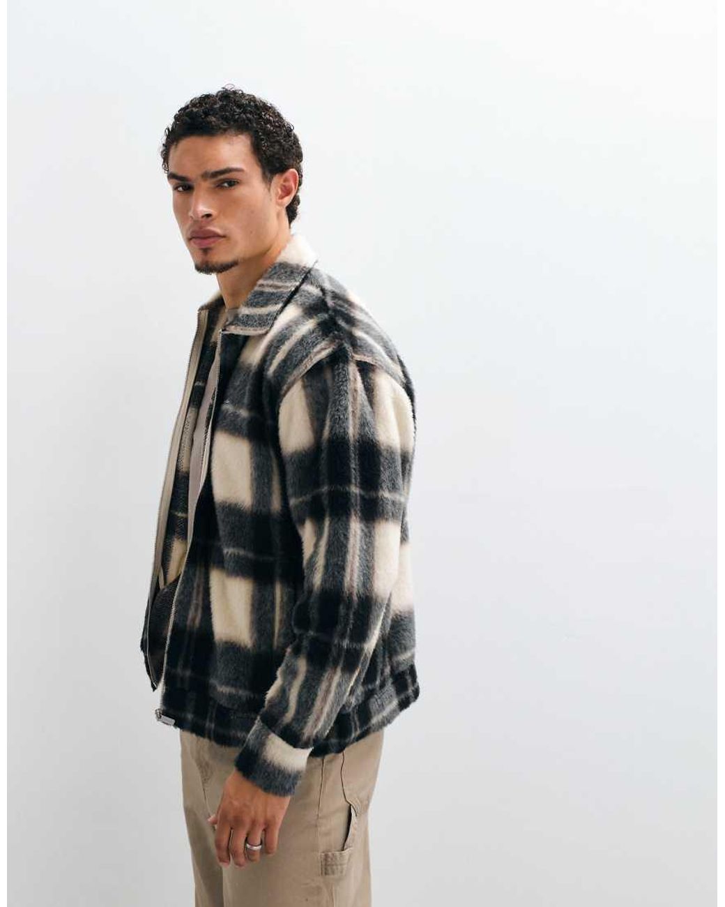 PEGADOR Gray Teros Furry Checked Flannel Overshirt for men