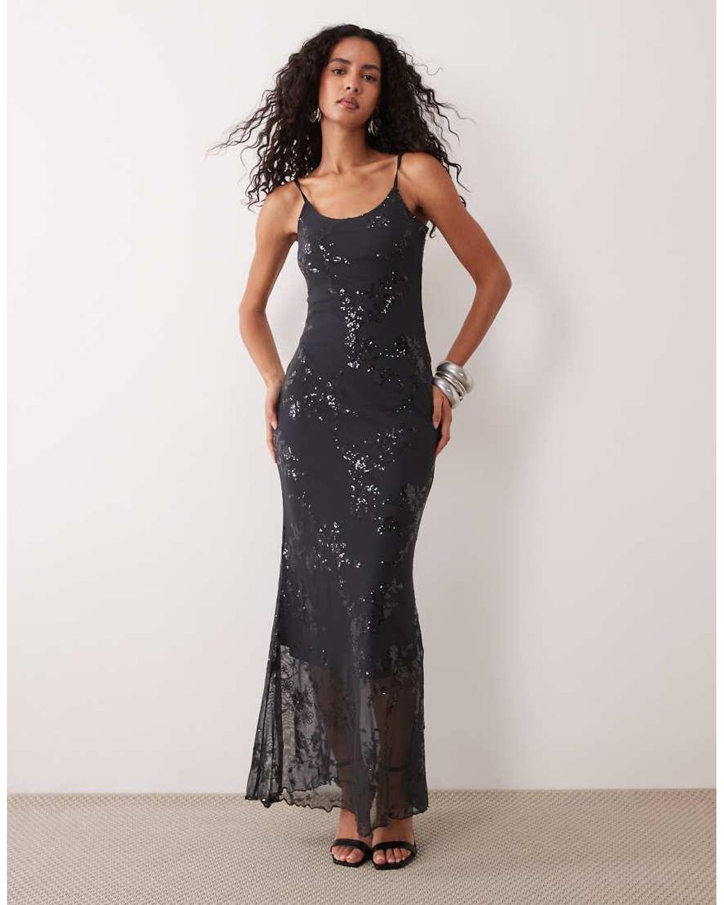 Pieces Gray Embellished Mesh Maxi Dress
