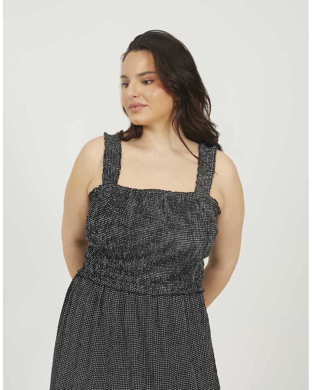 Brave Soul Black Curve Check Strappy Shirred Maxi Dress