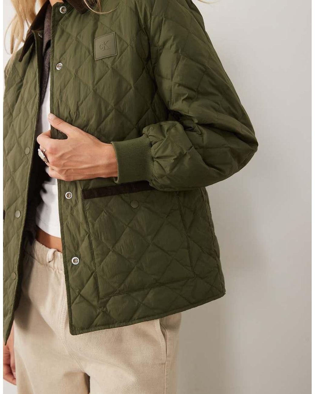 Calvin Klein Green Lightweight Quilted Jacket With Contrast Collar And Hem