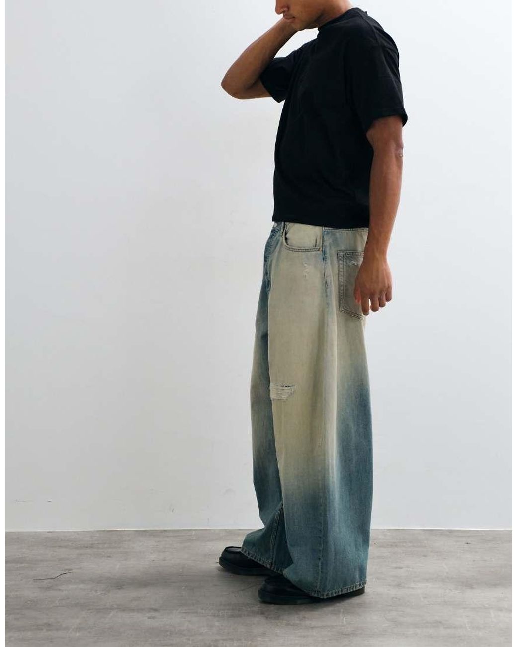 Weekday Blue Wide Leg Balloon Fit baggy Jeans With Drop Crotch And Distressed Detail for men