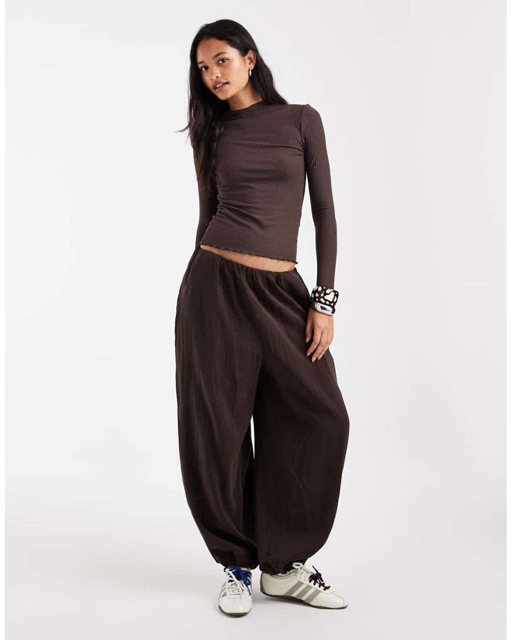 ONLY Brown High Neck Long Sleeve Top With Lettuce Edge