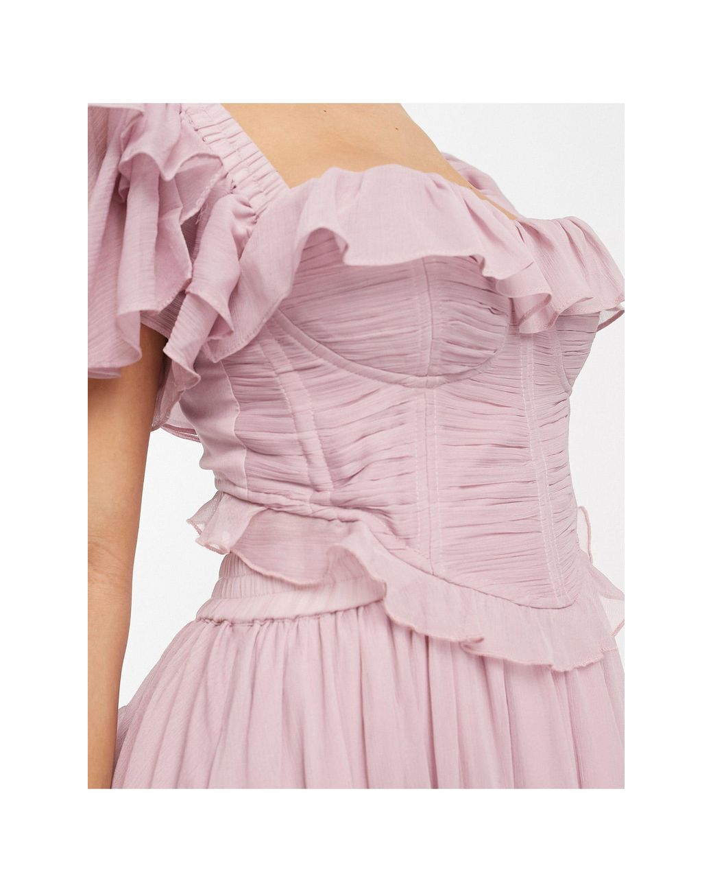 ASOS Flutter Sleeve Ruched Corset Detail Tiered Midi Dress in Pink