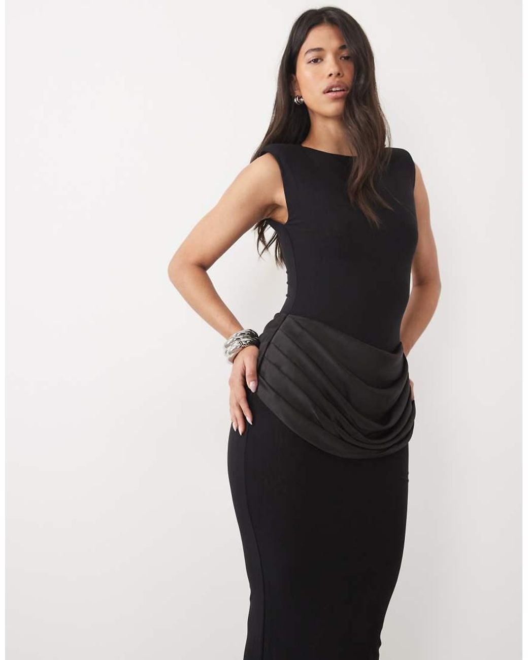 Wanderdoll Black Eman Sleeveless Slash Neck Satin Draped Waist Detail Bodycon Maxi Dress
