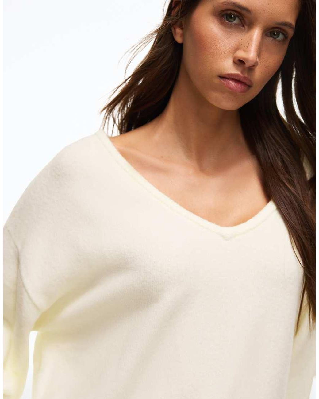Bershka Natural Oversize V-Neck Jumper