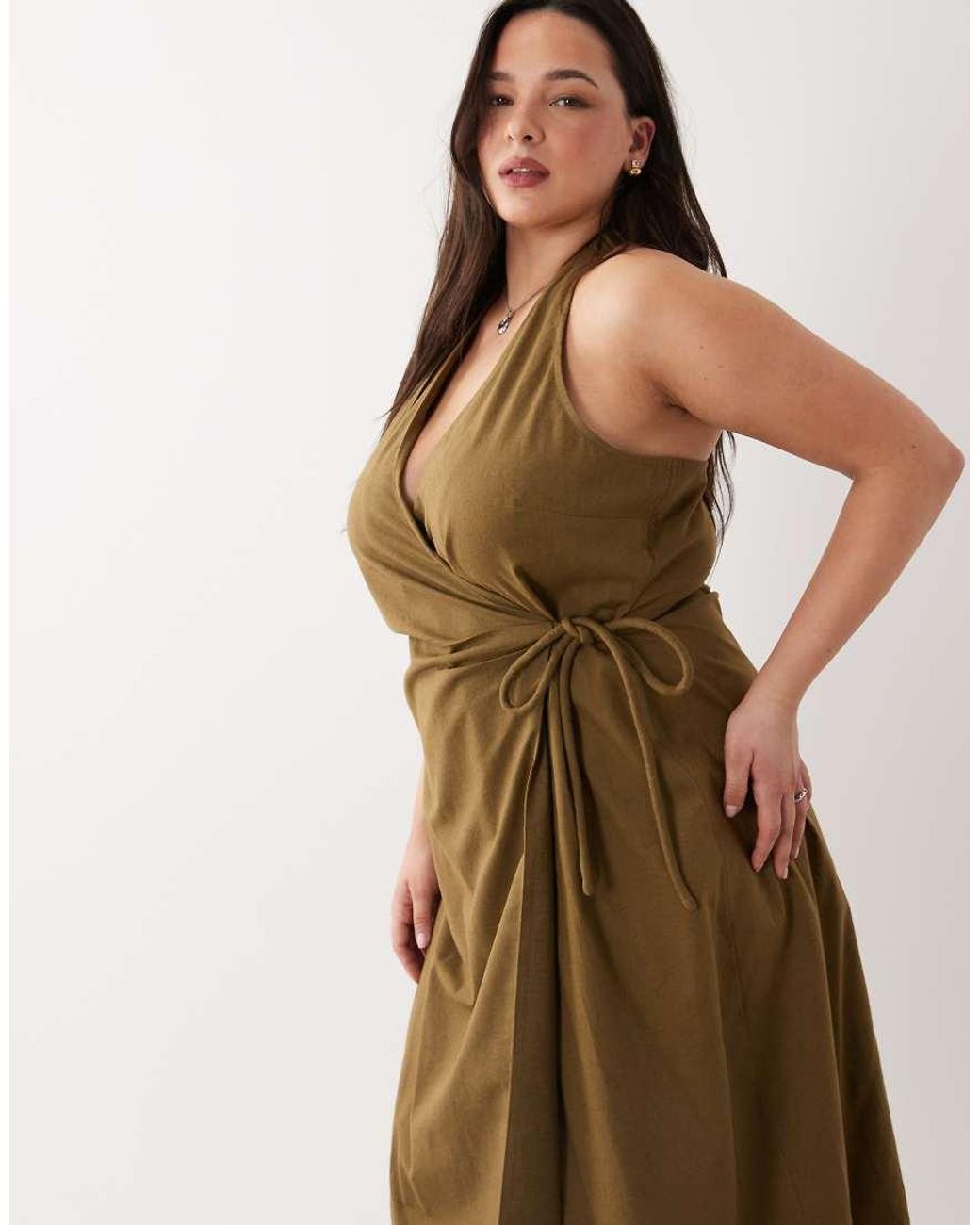ASOS Green Asos Design Curve Cotton Linen Halter Neck Wrap Maxi Sundress