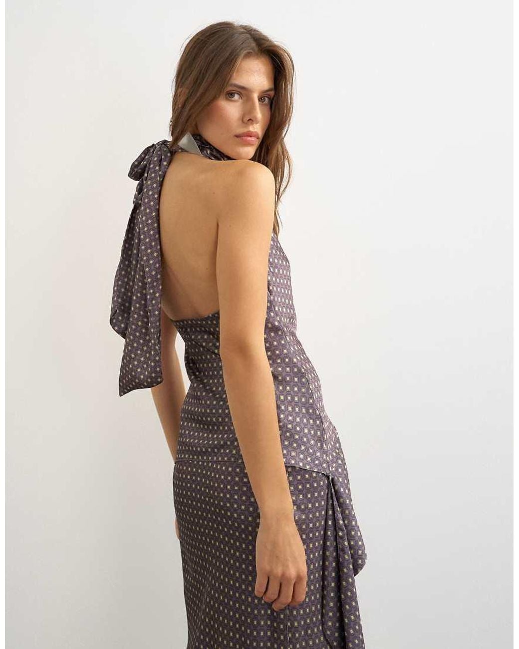 TOPSHOP Gray Satin Tie Print Scarf Detail Asymmetric Top Co Ord