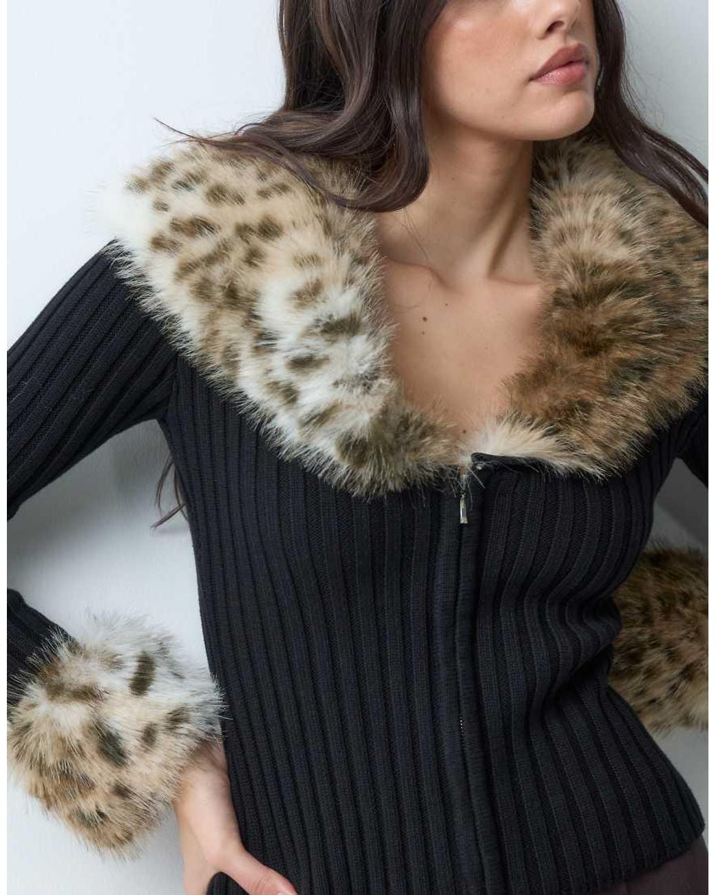 I.AM.GIA Black Cressida 2.0 Leopard Faux Fur Trim Zip Through Cardigan