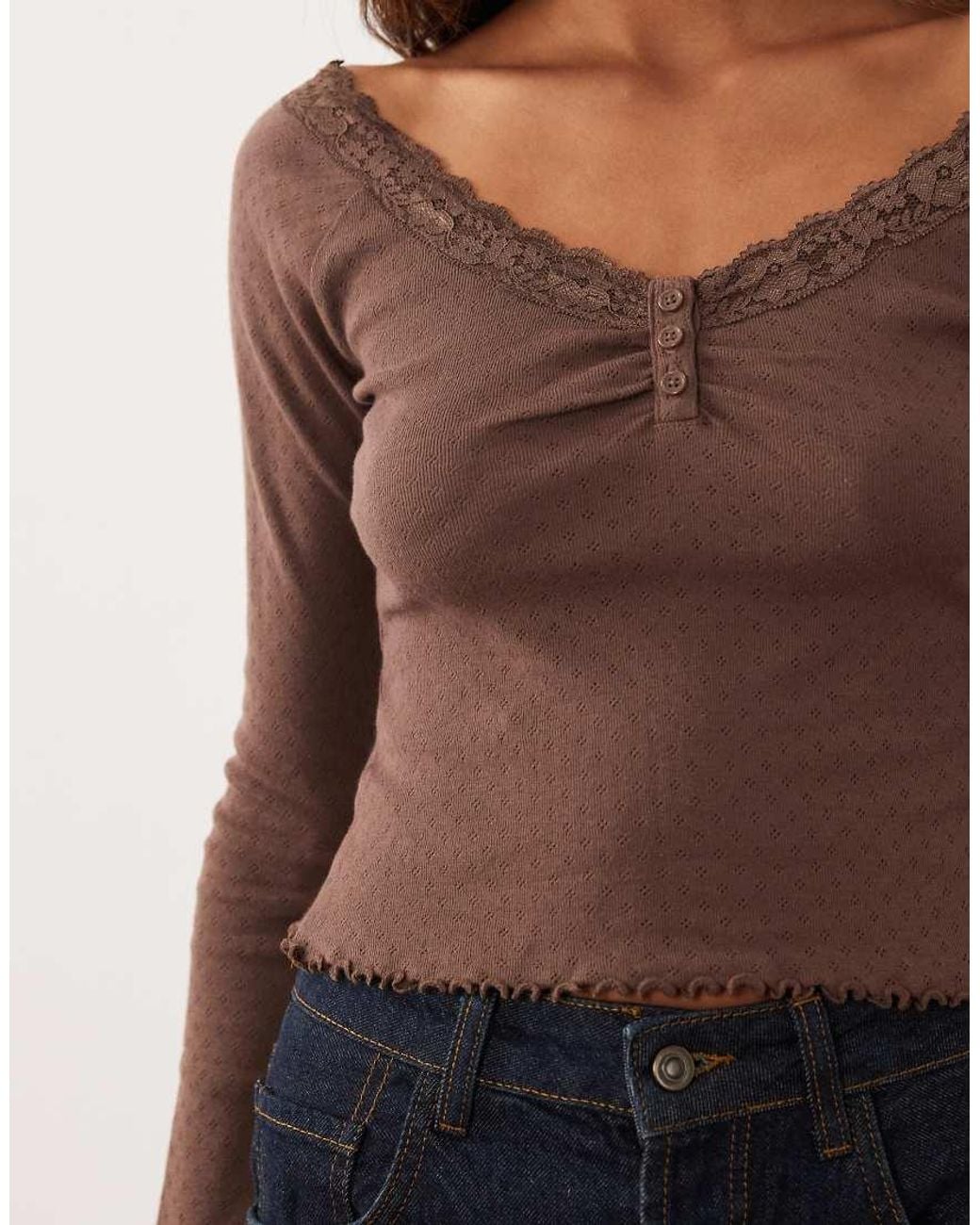Miss Selfridge Multicolor Lace Trim Button Pointelle Top