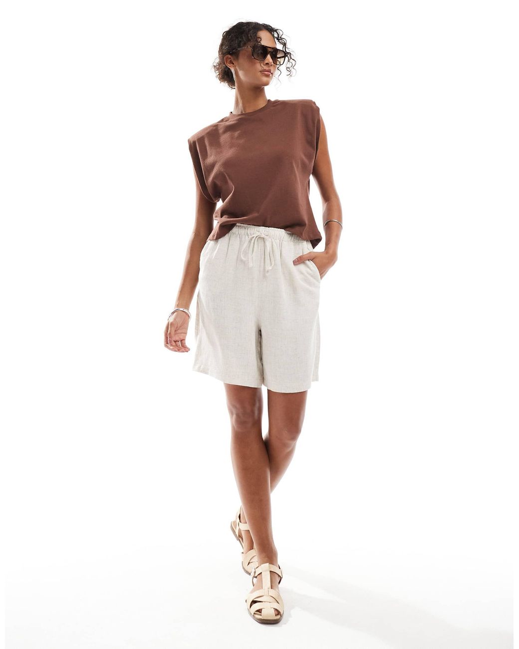 ONLY White Pull Up Linen Mix Shorts