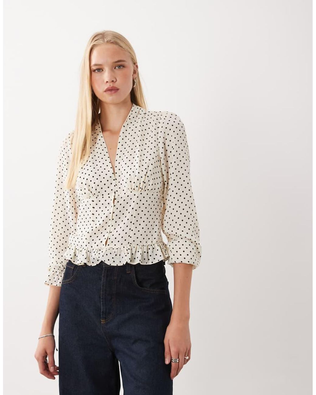 Mango White V Neck Ruffle Sleeve Blouse