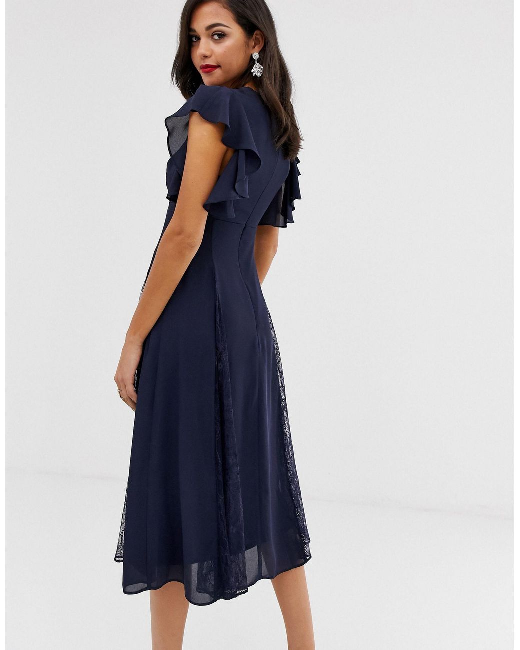 ASOS Midi Dress With Lace Godet Panels in Blue Lyst