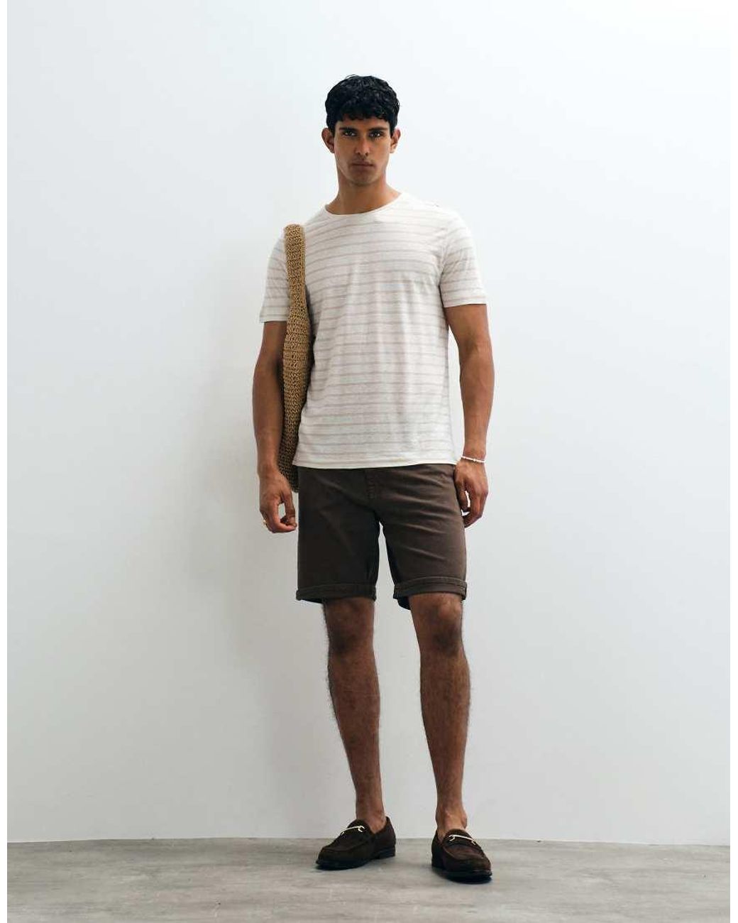 Mango White Linen Mix Striped T-Shirt for men