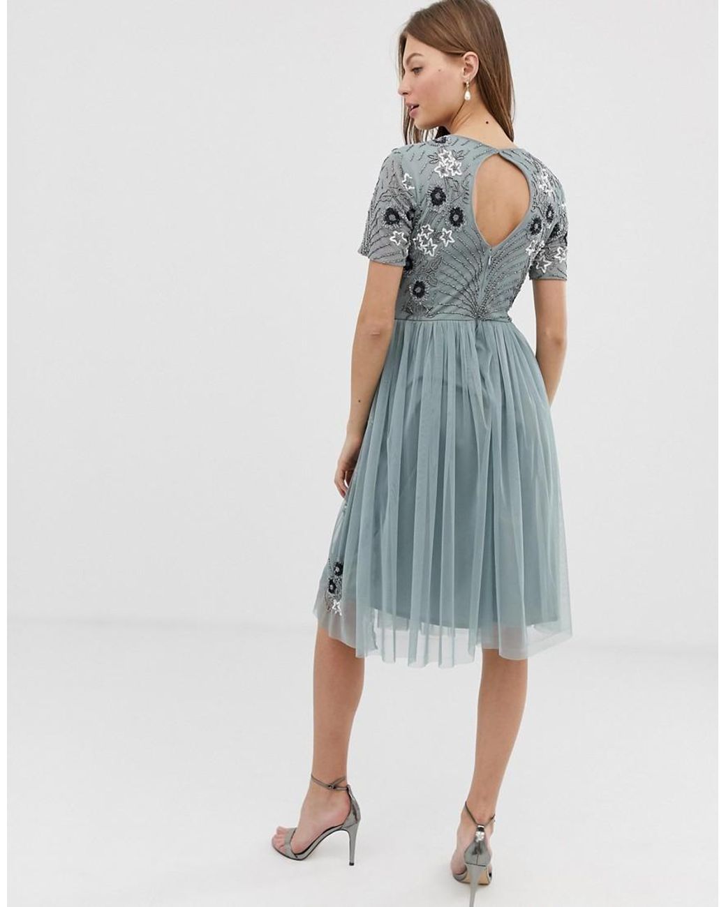 LACE & BEADS Scatter Embellished Tulle Midi Dress In Teal Grey in Grey |  Lyst UK