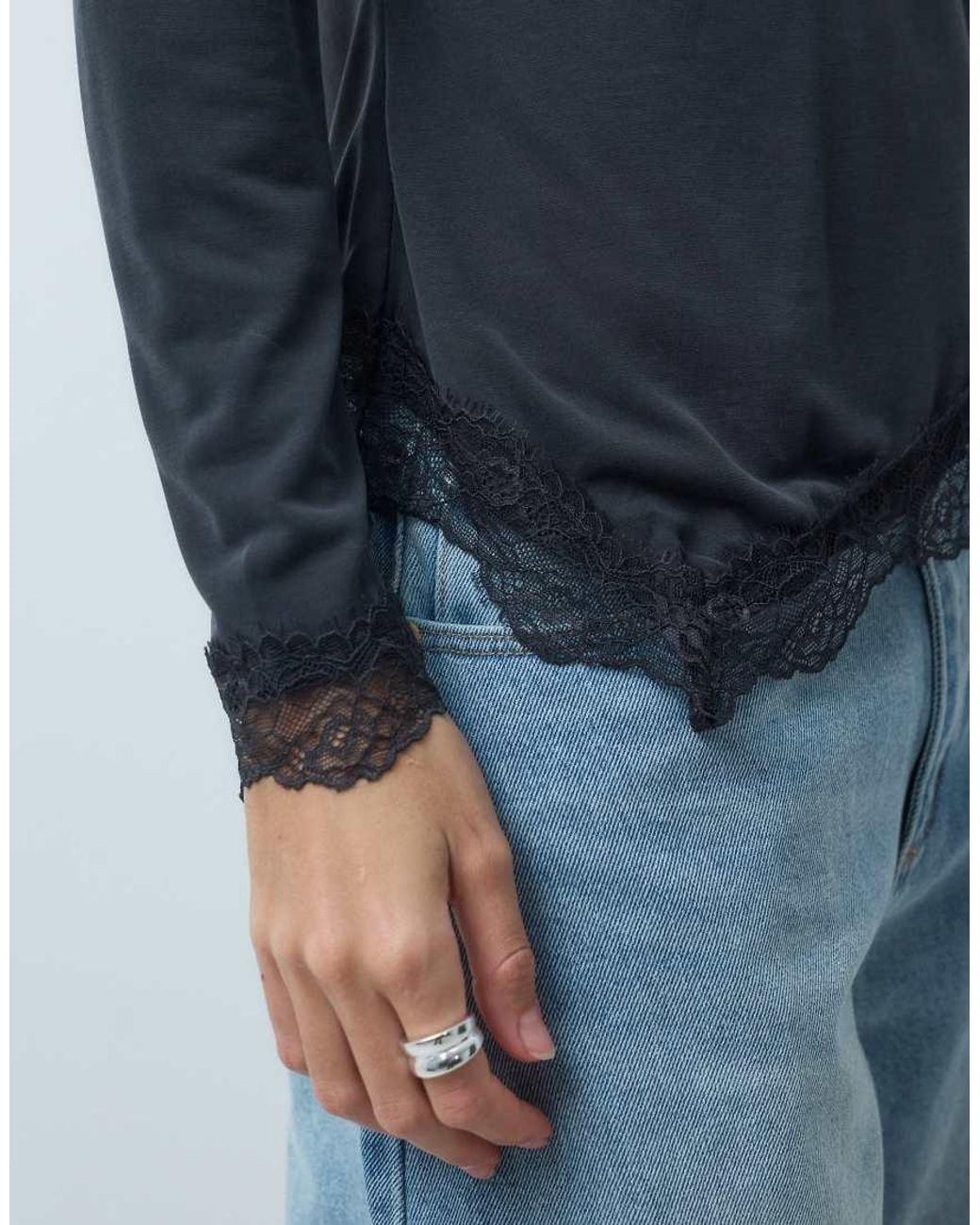ONLY Blue Crew Neck Asymmetric Long Sleeve Top With Lace Hem