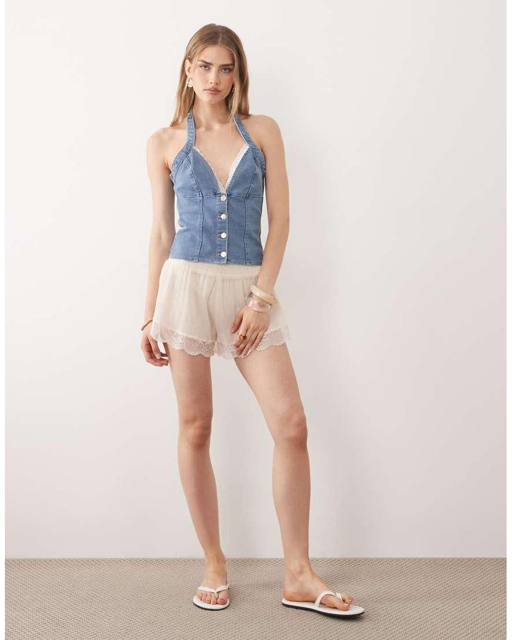 Miss Selfridge Blue Denim Corset Top With Lace Trim
