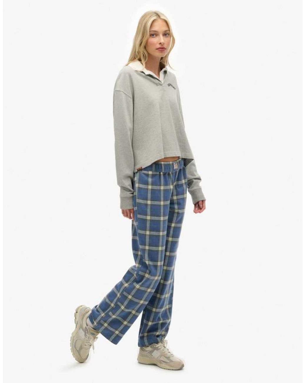 Superdry Blue Cotton Check Elastic Trousers