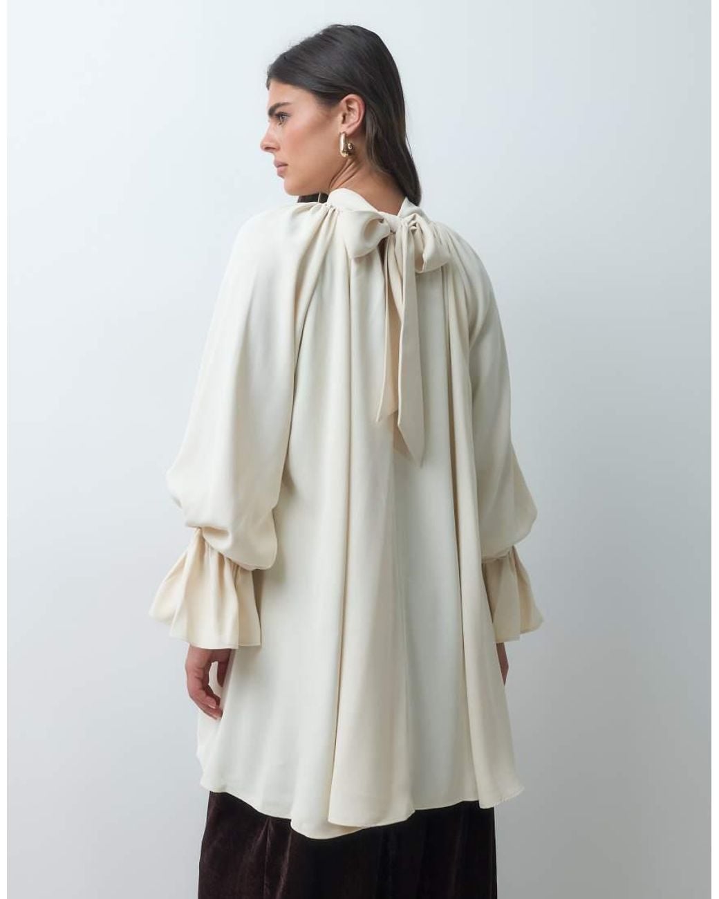Iyal Gray Chiffon Crepe High Neck Boho Tie Sleeve Detail Blouse